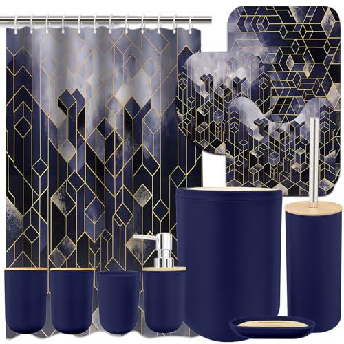 Lnond Blue Bathroom Set, Blue Abstract Cubes Bathroom Accessories Sets Complete, Luxury Restroom Set with Shower Curtain and Rugs, Trash Can, Toilet Brush Holder Set & Soap Dispenser - style: Blue