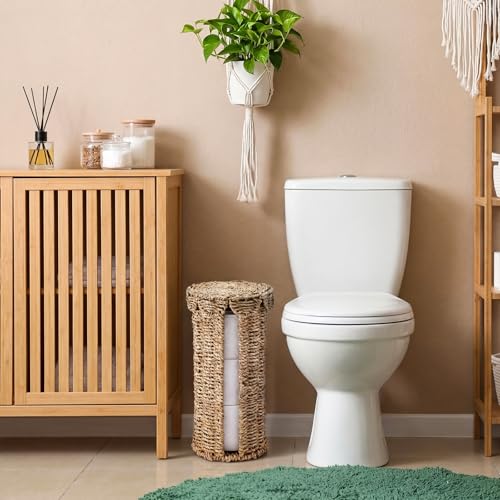 Wicker Toilet Paper Holder with Lid, Woven Paper Roll Holder Boho Rattan Toilet Papers Roll Stand for Bathroom Organizer and Storage Farmhouse Tissue Storage for 3 Mega Rolls (Seagrass)