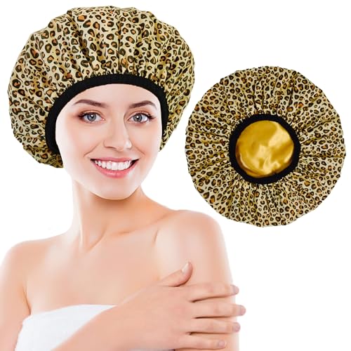 Shower Cap for Women, Shower Caps Reusable Waterproof, Large Plastic Satin Lined Shower Cap for Braids Long Hair - color: Leopard stripes