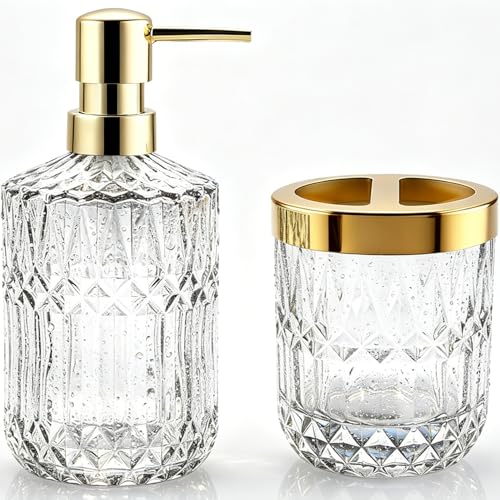 2Pcs White Bathroom Accessories Set, Glass Bathroom Accessories, Vintage Bathroom Countertop Decoration Includes Soap Dispenser, Toothbrush Holder - color: White, size: 2 Pcs