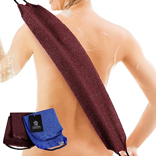Exfoliating Back Scrubber for Shower, Jean Blue + Wine Red, 2 Pack | Nylon Bath Towel Washer, Exfoliating Washcloth, Japanese Stretchable Strap, Body Exfoliation - color: Jean Blue + Wine Red