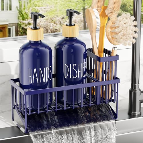 Cisily Navy Blue Kitchen Dish Soap Dispenser, 16 fl Oz Dual Kitchen Soap Dispensers with Sponge Holder, Customized Stainless Steel Kitchen Soap Dispenser Set, Modern Hand and Dish Soap Bottle Set - color: Navy Blue Sponge Holder + Navy Blue Bottle
