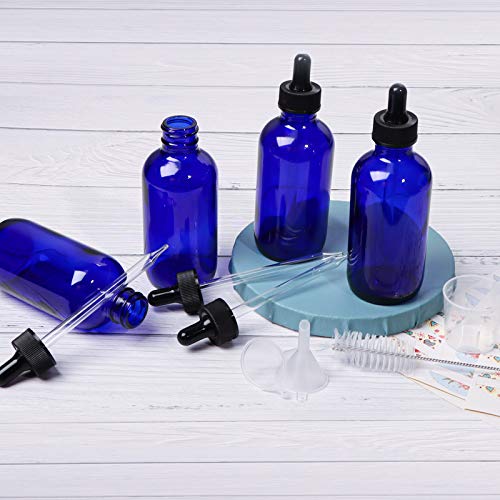 12 Pack 4oz Cobalt Blue Glass Bottles with Glass Eye Droppers for Essential Oils, Perfumes & Lab Chemicals (Brush, Funnels, 2 Extra Droppers, 24 Pcs Labels & 30ml Measuring Cup Included) - color: Cobalt Blue