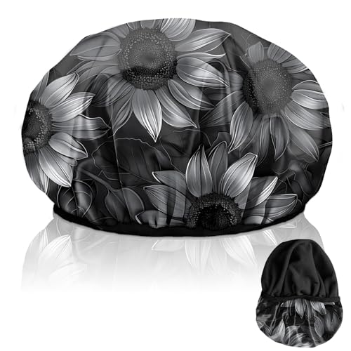 Luxury Shower Cap Terry Lined Reusable Triple Layer Waterproof Hair Elastic Caps Shower Bath Hat for Women Girls Cute Aesthetic-Black Sunflower - color: AL10-Black Sunflower