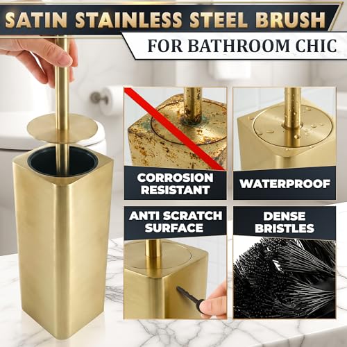 Gold Toilet Brush and Holder Set - Instantly Elevate Your Bathroom Style - Stainless Steel Toilet Bowl Brush and Holder with 2 Rounded Corners, Replaceable Head, Removable Inner Bowl & Splash Guard - color: Gold Squircle
