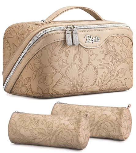 BOYATU Travel Makeup Bags Cosmetic Organizer Bag: 3-Set Large Capacity Make up Bag - PU Leather Toiletry Bags for Women - Wide Open Portable Pouch with Divider & Handle (02-Light Brown) - color: 02-Light Brown