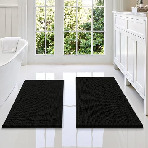 Smiry Bathroom Rugs Sets 2 Piece, Soft Absorbent Chenille Machine Washable Non Slip Shaggy Bath Rug Set for Tub, Shower, and Floor (34x21+30x20, Black) - color: Black, size: 34"x21"+30"x20"