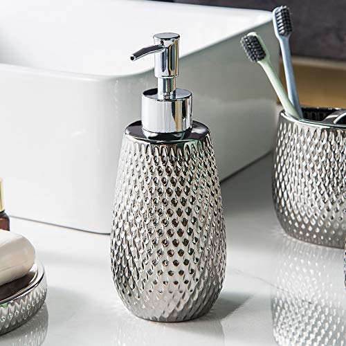 Silver Bathroom Accessory Set 4 Piece Ceramic Bath Accessories Sets Complete, Rain- Drop Shaped Bathroom Essential with Toothbrush Holder & Dish, Tumbler, Soap Dispenser Set for Bath Decor - color: Sliver01