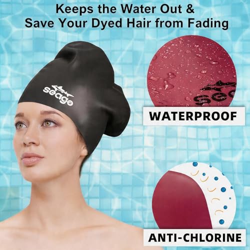Swim Cap Long Hair 2 Pack Swimming Caps for Women Silicone Swim Caps Keep Hair Dry Waterproof Comfortable Flexible Durable Bathing Cap Tear-Proof Design Large Women Adult Swimming Cap 10+ Years Girls - color: Black & Deep wine red