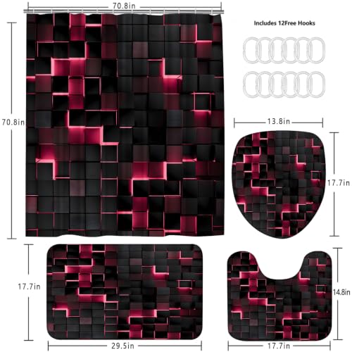 LQCOOL 4Pcs Pink Shower Curtain Set 3D Cubes Bathroom Sets Modern Shower Curtain Set for Bathroom Sets with Rugs Black and Pink Shower Curtain with 12 Hooks - color: Black Pink