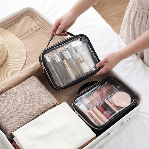 Abbylike 6 Pcs Clear Makeup Bags Bulk 7.9 x 5.9 x 2.4 Inches Quart Size Approved PU Leather Toiletry Bag with Handles Small PVC Clear Travel Cosmetic Case for Women Wedding Bridal Gifts(Black) - color: Black