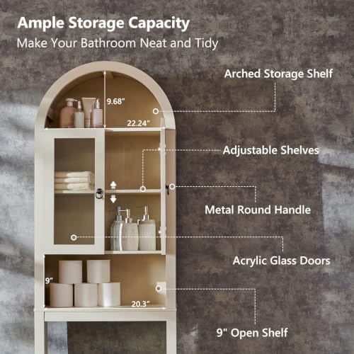 IFGET Arched Over The Toilet Storage Cabinet with Acrylic Doors, Modern Over Toilet Bathroom Organizer Shelf, Small Wooden Bathroom Storage Cabinet with Adjustable Shelf, Space Saver, Cream - color: Cream