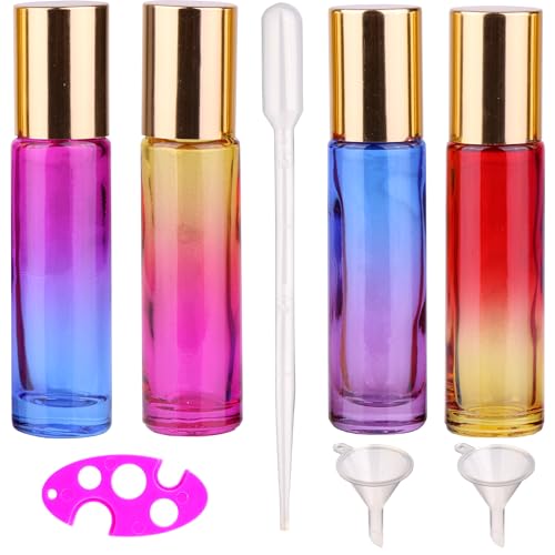 inice 4 Pack 10ml Roller Bottles for Essential Oils,Gradient Color Glass Bottle Roll on Stainless Steel Ball with Golden Metal Cap - color: 4 PACK Gradient Color Rolelr Bottles
