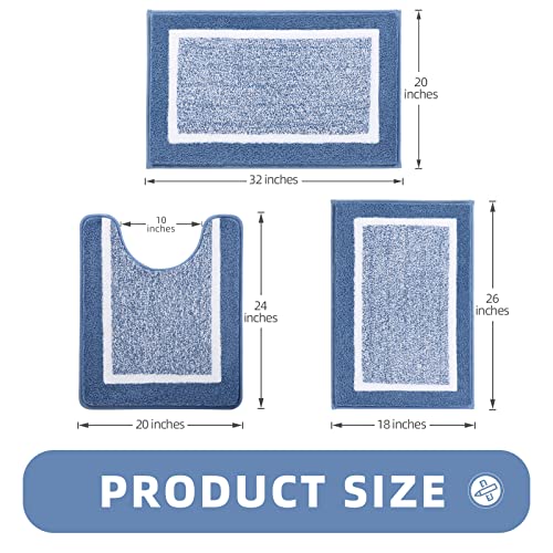 Bathroom Rugs Sets 3 Piece with U-Shaped Contour Toilet Mat Shower Rugs Absorbent Microfiber Plush Bath Mats Non Slip Bath Rugs Shaggy Floor Mats Machine Washable - color: Blue