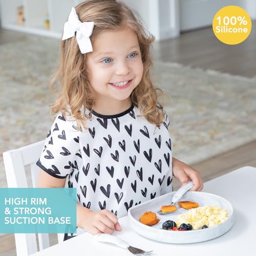 Bumkins Toddler and Baby Suction Plate, Silicone Grip Dish for Babies and Kids, Baby Led Weaning, Children Feeding Supplies, Non Skid Sticky Bottom, Platinum Silicone, Ages 6 Months Up, Marble - color: A3 Marble-GP