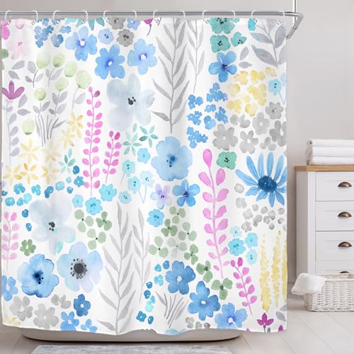 Riyidecor Blue Grey Floral Shower Curtain for Bathroom Decor 72Wx72H Cute Boho Wildflower Trendy Watercolor Plant Leaves Botanical Girls Art Printed Fabric Polyester Waterproof 12 Pack Plastic Hooks - color: D-blue, size: 72"W x 72"L (Pack of 1)