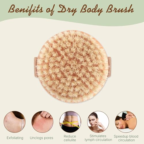 Dry Body Brush Set for Lymphatic Drainage, Round Boar Bristle Dry Brushing Body Brush with Strap, Wood Therapy Kit with Wooden Acupressure Massage Tools for Face Body Gua Sha Sculpting
