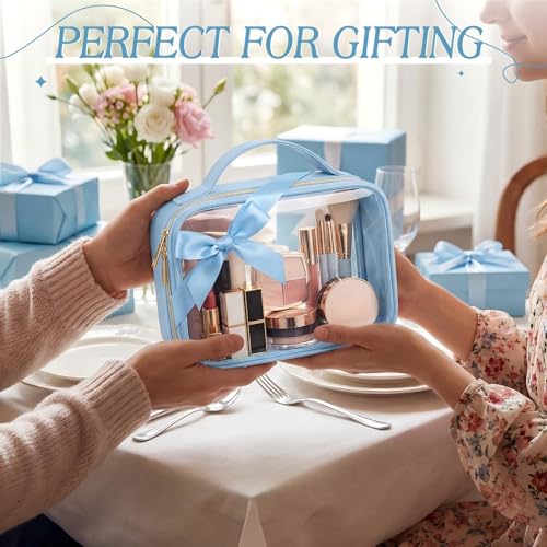 Abbylike 6 Pcs Clear Makeup Bags Bulk 7.9 x 5.9 x 2.4 Inches Quart Size Approved PU Leather Toiletry Bag with Handles Small PVC Clear Travel Cosmetic Case for Women Wedding Bridal Gifts(Blue) - color: Blue