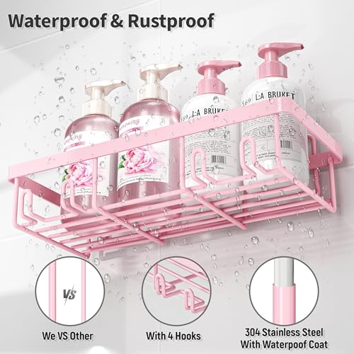 Liuoud 5 Pack Shower Caddy Organizer Rack Shelf for Inside Shower, Adhesive Bathroom Wall Storage Basket Rustproof Stainless Steel Shampoo Holder, Girly Bathroom Accessory Decor Set, Pink - color: Pink