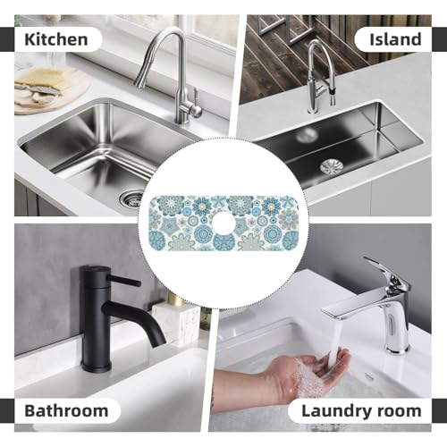 Mandala Boho Blue Flower 15" X 5.5" Kitchen Sink Splash Guard Faucet Faucet Guard Draining Mat Sink Splash Guard Faucet Kitchen Bathroom - color: Mandala Boho Blue Flower