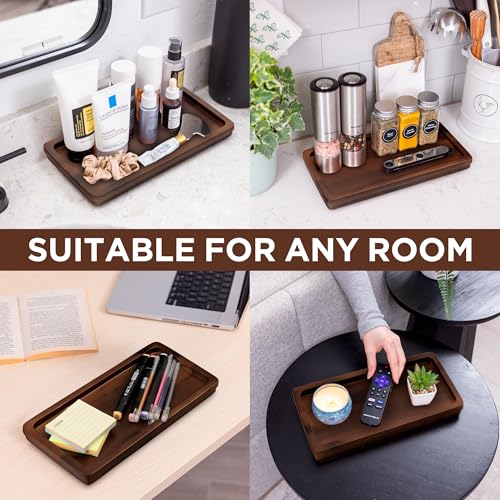 Demigo Bathroom Vanity Tray, Dark Brown Acacia Wood Tray, 11.8 x 5.9 in | Wooden Countertop Organizer for Cosmetics Jewelry Candle & Keys, Decorative Tray for Toilet Tank, Kitchen & Sink Decor - color: Dark Brown