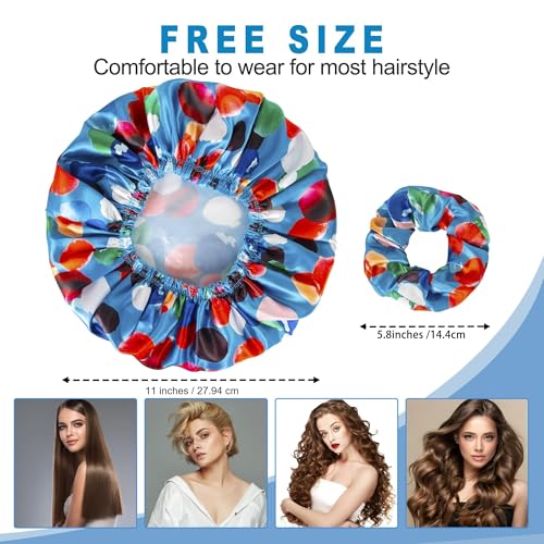 Shower Cap for Women Set of 4, Bath Caps, Double Layers Hair Caps + 2 Satin Hair Scrunchies, Reusable Waterproof Shower Caps, Elastic Hair Cap for Shower - Pattern A - color: Pattern A