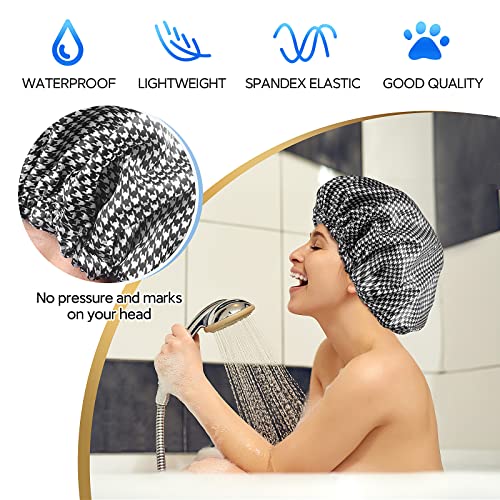 Fishent Extra Large Shower Caps for Women and Girls, Reusable Waterproof Washable Shower Cap for Long Hair, Super Cute and Adjustable for Spa Home Salon Use - color: Houndstooth, size: X-Large