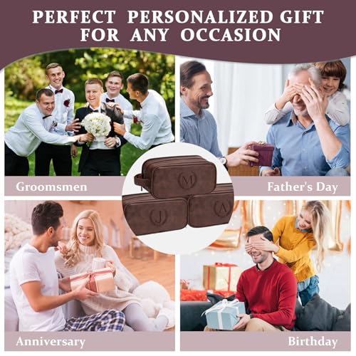 Travel Toiletry Bag For Mens PU Leather Engraved Initials (Dark Brown D) | Personalized Gifts For Father Husband Groomsmen Birthday Waterproof Dopp Kit Bag Beach Travel Essentials Bathroom Organizer - color: Dark Brown, style: D