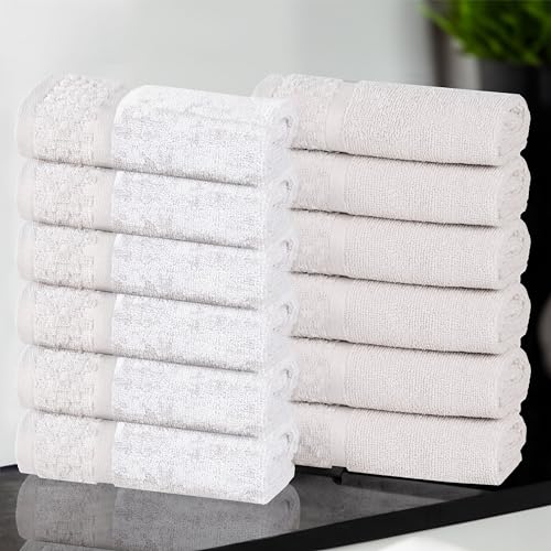 Superior Cotton Bathroom Towel Set, Plush Absorbent, 12 Piece, Stone White | Soft Quick Dry, Jacquard & Solid Pattern Assorted Towels, Daily Skincare and Facial Cleansing, 12 Washcloths Lodie Collection - color: Stone-white, size: Face Towel 12 - Pack (Ja