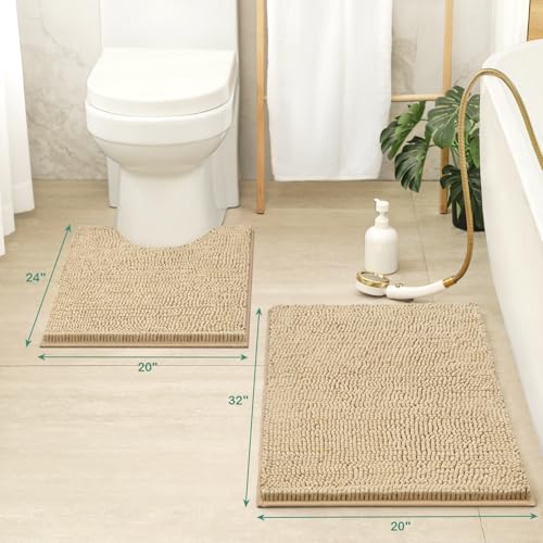 HOMEIDEAS Bathroom Rugs Set 2 Pieces, Ultra Soft Non Slip Absorbent Chenille Toilet Bath Mat Set (Beige) - color: Beige-beige, size: 1'8" x 2'8" (U Shape 20"x24"+20"x32")