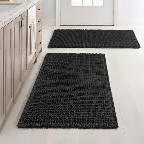 MIULEE Set of 2 Waffle Bathroom Rugs, Boho Bath Rugs Non Slip Washable, Super Absorbent Bath Mats, Ultra Soft Rubber Backed Shower Mats for Bathroom Floor, Tub and Shower, Black, 20x32 Inch - color: Black, size: 20''x32''