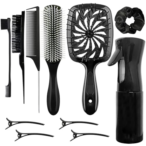 11 Pcs Hair Brush Set, Detangle Hair Brush And Spray Bottle, 3 Pieces Smooth Hairbrush For Toddlers, Suitable For Wet and Dry Hairstyles, Suitable For Adults And Children(Black) - color: Black
