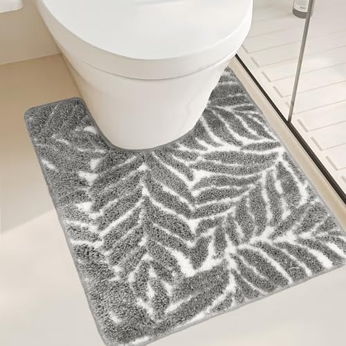Gray Toilet Rug - U-Shaped Grey Bath Mat Tropical Leaf Bath Rugs Non Slip Washable for Bathroom Floor, Cute Bathmat Restroom Rug, Plant Absorbent U Shape Bathroom Mats Botanical Home Decor 20" x 24" - color: Grey, size: 1'8" x 2' (U-Shape)