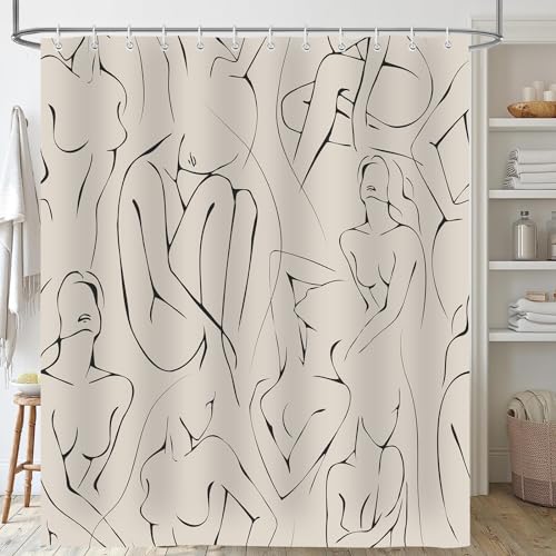 Female Body Shower Curtain, Abstract Line Texture Boho Bath Curtain Decor for Women, Polyester Fabric Waterproof Bathroom Decoration Accessory Set with 12 Hooks 72x72 inch - color: Beige, size: 72"W x 72"L (Pack of 1)