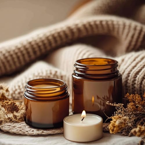 KEYWING 2oz Small Glass Jars with Black Lids, 70 Pack Amber Glass Cosmetic Jars, Round Empty Sample Container with Inner Liners for Lotions, Cream, Powders and Ointments - color: Amber, size: 2oz-70Pack