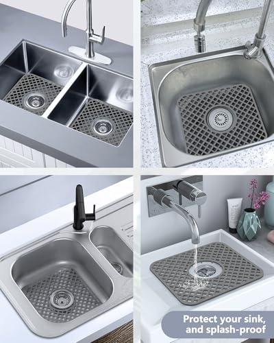 2 Pack Silicone Sink Protector for Kitchen Sink, Trellis Pattern 12 x 11" Sink Grid Mat Silicone Protectors, Center Drain, Gray - color: Gray