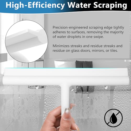 Shower Squeegee for Glass Doors, Full Silicone Jacketed Squeegee with Ergonomic Handle & No-Drill Hook, Cleaning Tool for Windows, Mirrors, Tiles, Bathroom & Car - White - color: White, size: without loop