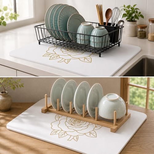 Stone Dish Drying Mat for Kitchen Counter, Glittery Resin Rose Pattern Quick Drying Mat, Water Absorbing Diatomaceous Pad for Plate Bottle Utensil Rack,Space Saving (Gold & White, 16"×12")