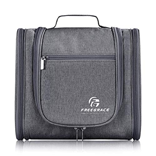 Freegrace Extra Large Hanging Toiletry Bag for Men and Women - Water-Resistant Nylon Travel Bathroom Organizer for Cosmetics, Makeup, and Toiletries - color: Dark Grey