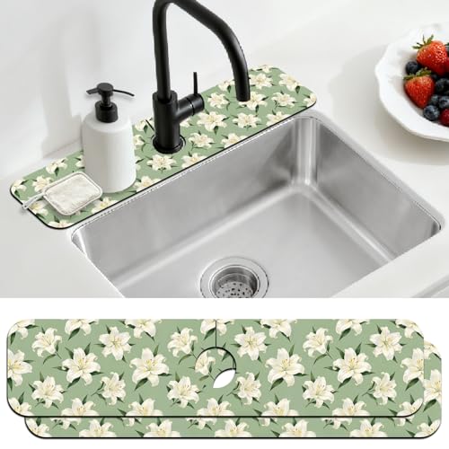2 Pcs Kitchen Sink Splash Guard Faucet Mat Lily Faucet Mat for Sinks Flowering Plant Absorbing Drying Mats for Kitchen Bathroom, 23.6x5.5inch - color: Lily