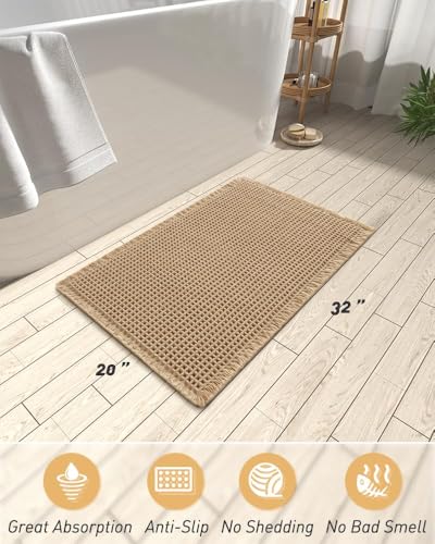 AMOAMI Upgraded Waffle Bath Mat, Super Absorbent Non Slip Bath Mats for Bathroom Floor, Washable Bathroom Rugs with Tassels, Rubber Backed Bathroom Mats, Ultra Soft, 20" x 32", Brown - color: Brown, size: 1'8" x 2'8" (Rectangular)