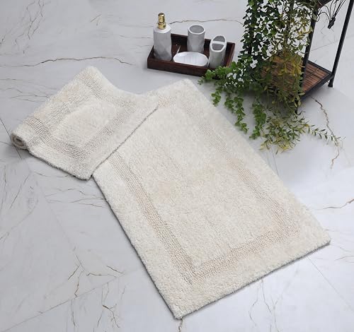 WOVEN ST. Reversible Cotton Bath Rugs | Area Rugs for Spa, Vanity Shower, Bathrooms, Kitchen, Bedroom | Water Absorbent Linens | 100% Cotton | Pack of 2 | 17’’ x 24’’ & 21’’ x 34’’ Inches | Ivory - color: Ivory, size: 17" x 24" (Rectangular) + 21" x 34" (