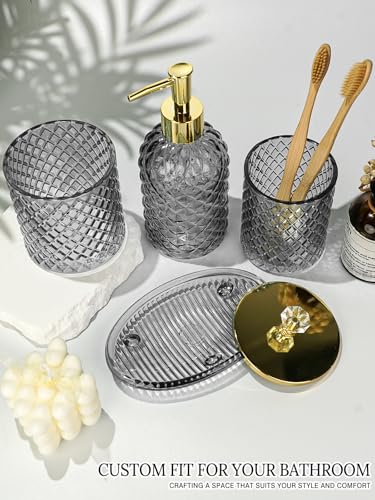 Haturi Gray Glass Bathroom Accessories Set, 4-Piece - Lotion Soap Dispenser, Toothbrush Holder, Cotton Swab Jar & Soap Dish – Elegant Gold Accent for Countertop & Housewarming Gift - style: Smoky Gray