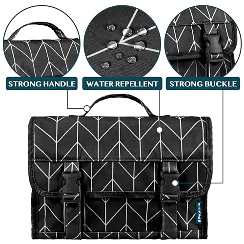 PAVILIA Travel Hanging Toiletry Bag for Women Men, Large Capacity Makeup Bag Kit, Waterproof Cosmetic Storage Organizer Case for Bathroom Shower - color: Black Chevron, size: Large