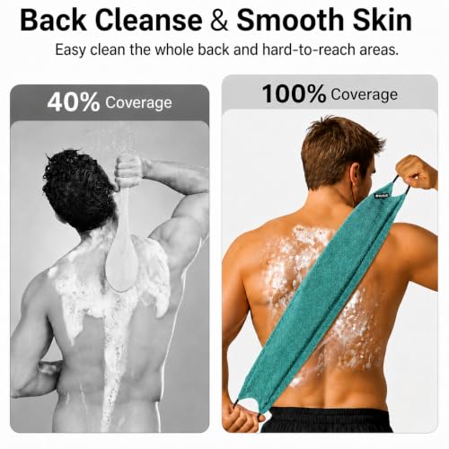 Yiclick Exfoliating Washcloth Towel with Handle, Back Scrubber for Shower, Exfoliating Body Scrubber Exfoliator, Japanese Wash Cloth for Body Scrub, Bath Sponge Loofah Luffa Washer Exfoliator - color: Teal