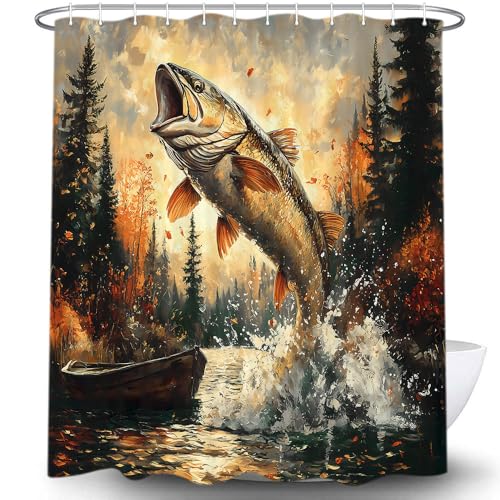 Rustic Cabin Shower Curtain, Farmhouse Country Lodge Fish Lake Fishing Decor Bath Curtains, Funny RV Hunting Camp Forest Nature Art Fabric Bath Curtain Decor with Hooks 36x72 Inches with Hooks - color: Bear, size: 36"W x 72"L (Pack of 1)