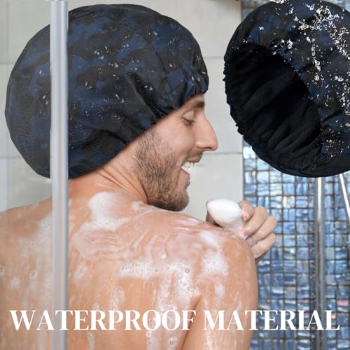 Shower Cap for Men Blue Camouflage Bath Cap, Reversible Large Waterproof Adjustable Shower Caps Terry Lining & Elastic Band Stretch Hem Hair Hat - color: Blue Camouflage