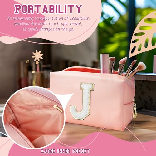 Personalized Initial Makeup Bag with Handle, Preppy Cosmetic Bag with Inner Zipper Pocket, 8 9 10 11 12 13 14 Years Old Girl, Graduation Gifts for Teen Girls Women Teachers (J, Pink) - color: Pink, style: J