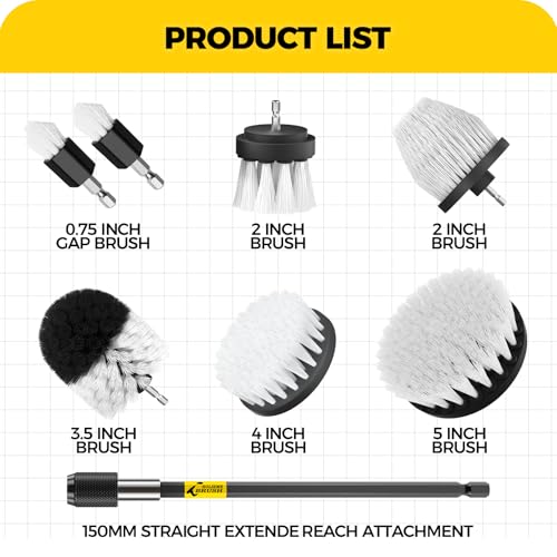 Holikme 8 Piece Drill Brush Attachment Set, Power Scrubber with Extend Long Handle, Cleaning Supplies for Shower, Bathtub, Bathroom, Kitchen (White) - color: White