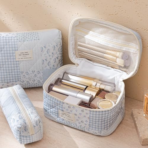 HBselect Quilted Makeup Bag, 3PCS Cotton Large Travel Makeup Bag, Cute Floral Coquette Make up Bag Cosmetic Bag Toiletry Bag for Women Girls - color: A-3PCS-Floral 38